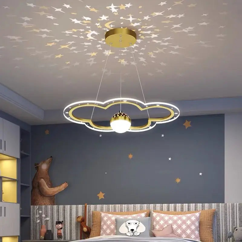 Modern pink and gold cloud flower led chandelier with gold-toned cloud shape and starry projection by decorbites cloud flower