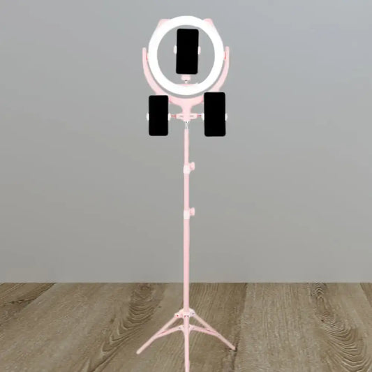 Modern pink triple phone stand ring light with three holders on pink tripod stand compatible with 110v-120v 220v-240v