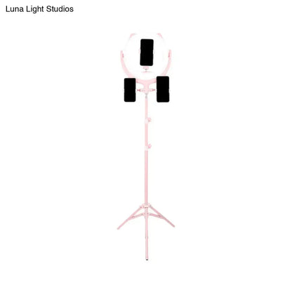 Pink ring light stand with three phone holders for bedroom use compatible with 110v-120v and 220v-240v power supplies
