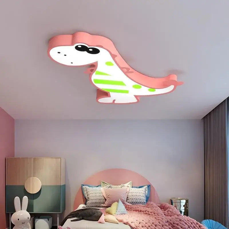 Modern pink and white dino led ceiling lamp with green stripes for children’s room decorbites dino led ceiling lamp