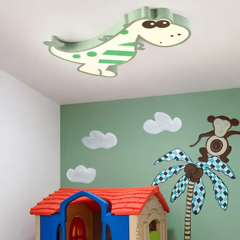 Modern pink and white dino led ceiling lamp with light green dinosaur shape and white green striped decorbites dino led ceiling lamp