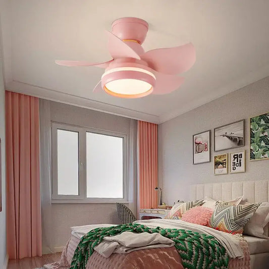 Modern pink and white kids ceiling fan with three blades, circular light fixture, and remote control for bedroom use