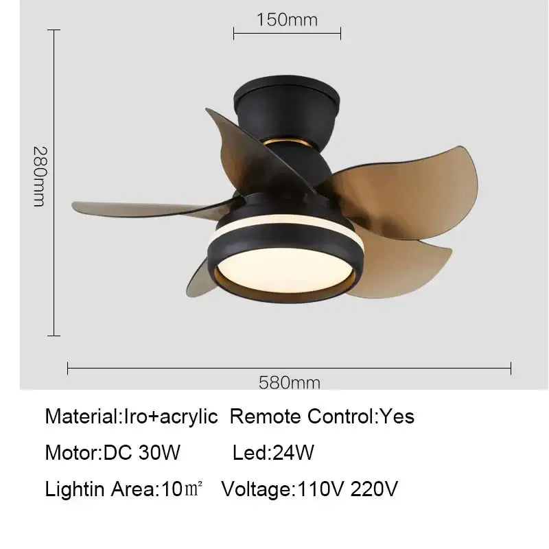 Black and bronze ceiling fan with five curved iron and acrylic blades for modern pink and white kids bedroom remote control