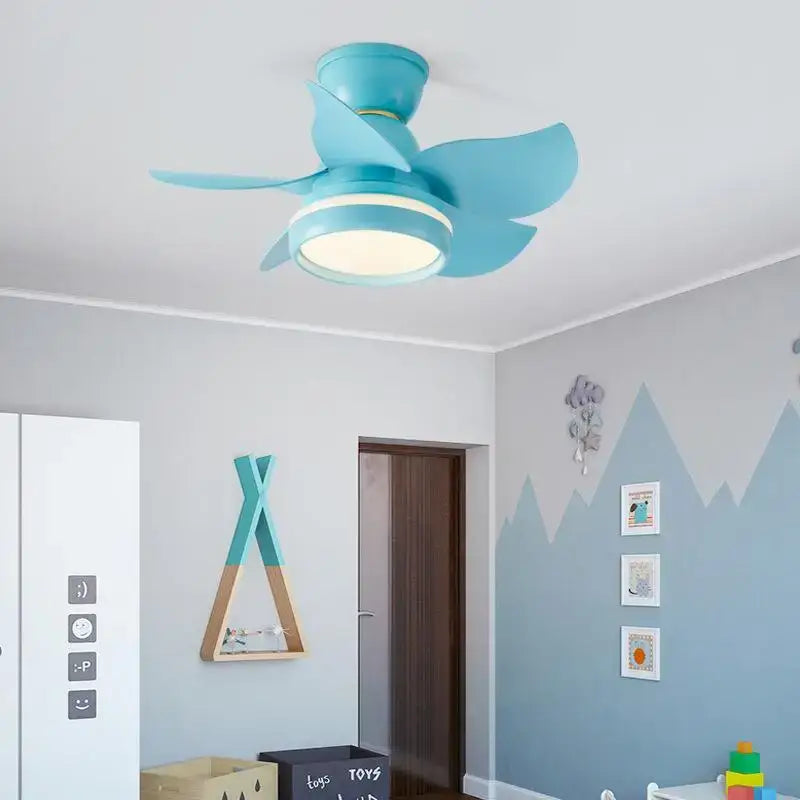 Light blue ceiling fan with integrated led lighting and curved blades for modern pink and white kids bedroom remote control use