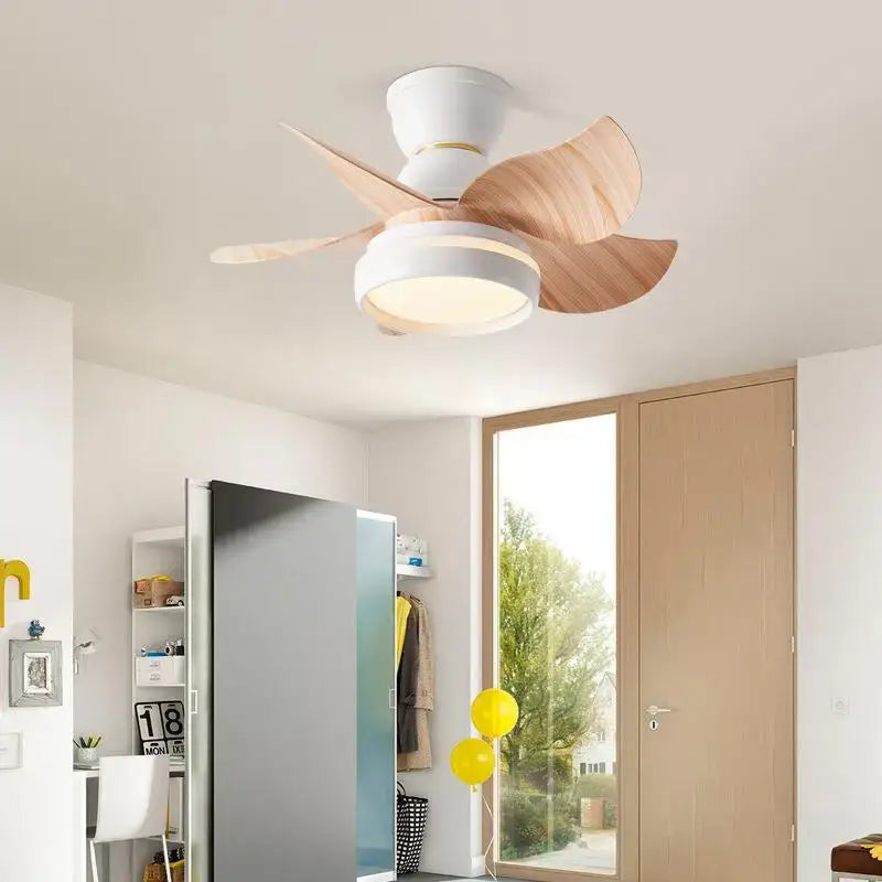 Modern pink and white kids ceiling fan with remote control featuring three light wood blades and integrated led lighting