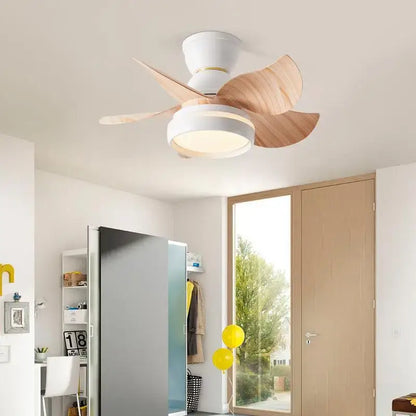 Modern pink and white kids ceiling fan with remote control featuring three light wood blades and integrated led lighting