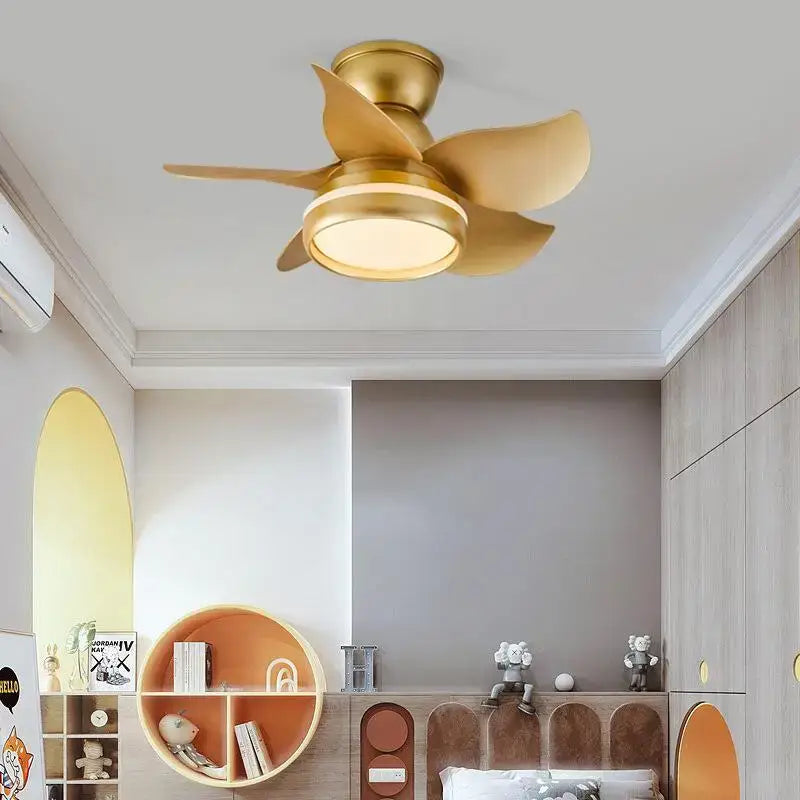 Modern pink and white kids ceiling fan with remote control featuring gold-toned sleek blades and integrated lighting