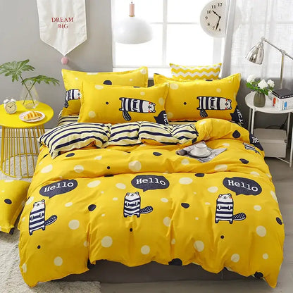 Bright yellow modern plaid cartoon printed bedding set with black and white striped beavers and hello speech bubbles polka dots