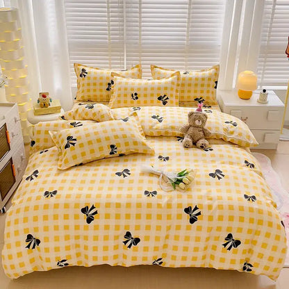 Yellow and black checkered bedding set with bow print featuring decorbites cartoon printed design for bedroom quilt cover kit