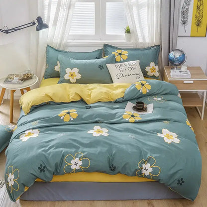 Teal and yellow floral modern plaid cartoon printed bedding set with white flowers outlined in gold by decorbites cartoon printed