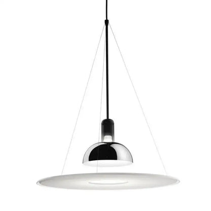 Modern polished brass and white flying saucer chandelier with sleek chrome dome and wide flat diffuser for bedroom decorbites flying saucer
