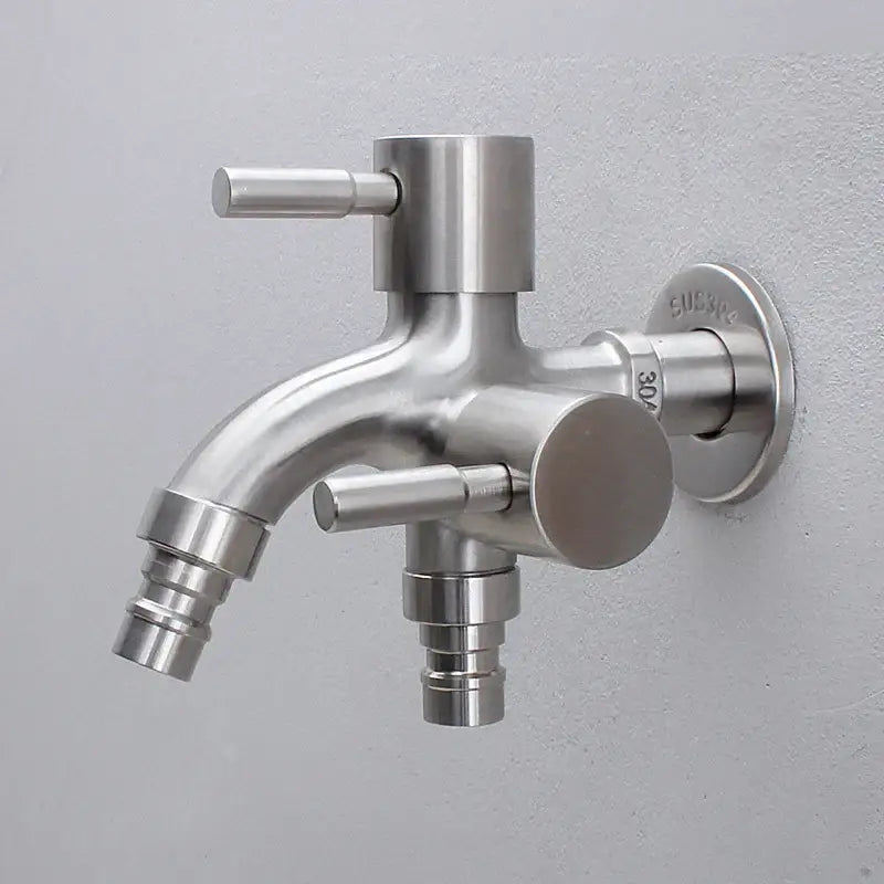 Modern polished stainless steel double faucet wall mount with dual spouts and brushed finish for outdoor use