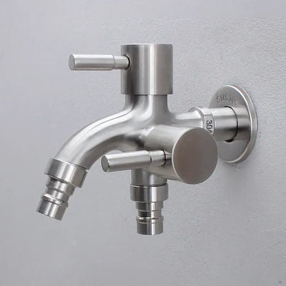 Modern polished stainless steel double faucet wall mount with dual spouts and brushed finish for outdoor use