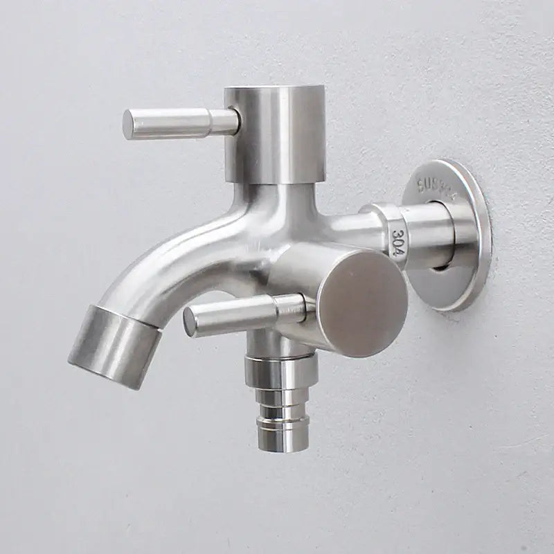 Modern polished stainless steel 304 double faucet wall mount with dual handles for outdoor and kitchen use