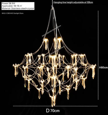 Elegant pendant light with polished steel frame and crystal droplets illuminated by warm lights for contemporary interiors