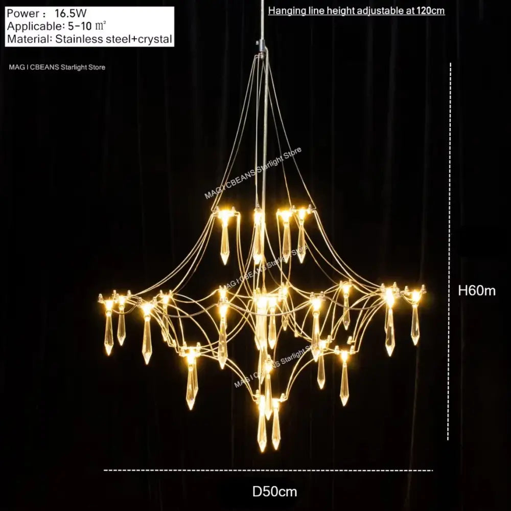 A modern polished steel pendant light with crystal pendants for contemporary interiors and dining rooms