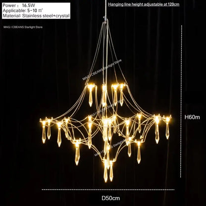 A modern polished steel pendant light with crystal pendants for contemporary interiors and dining rooms