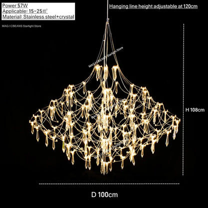 A modern polished steel pendant light with a multi-tiered crystal design and warm light for dining room use
