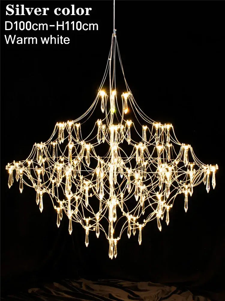 Silver polished steel pendant light with warm white led crystals for contemporary interiors and dining rooms