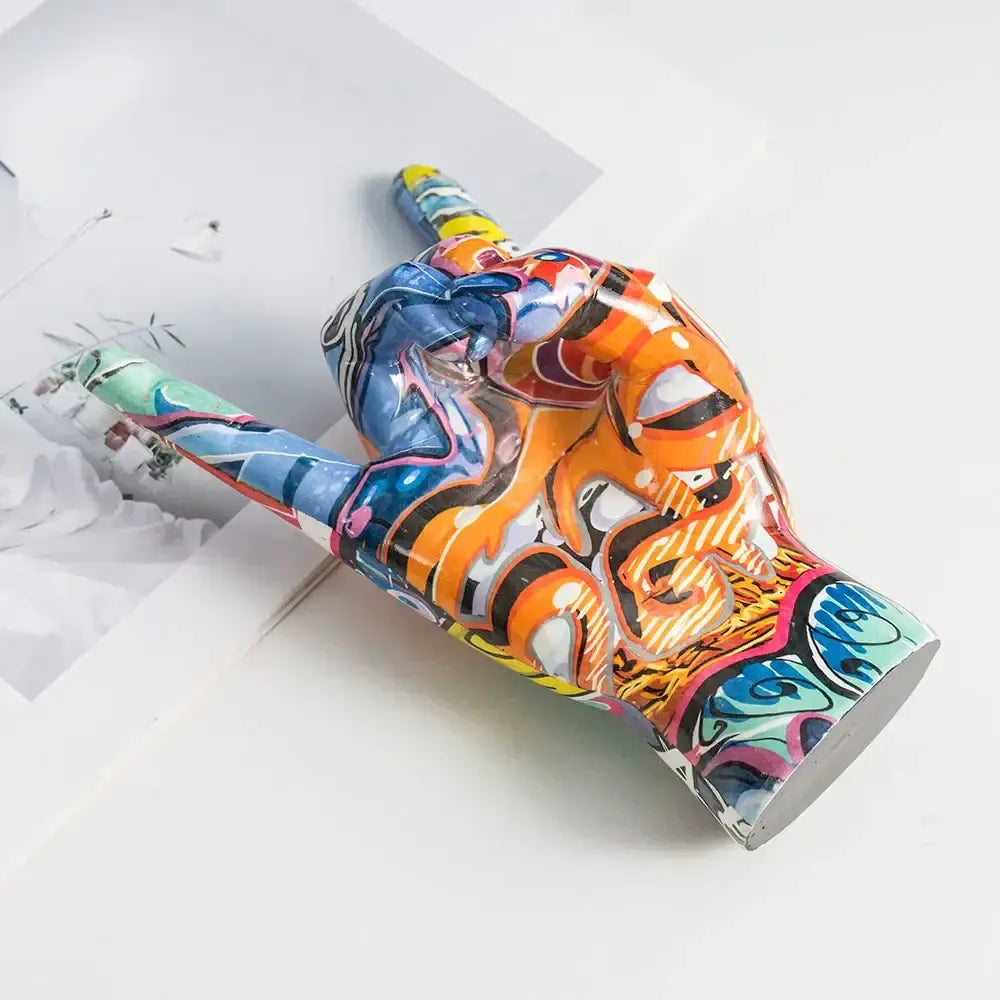 Vibrant modern pop art hand statue resin sculpture with bold orange blue and teal graffiti-style swirls for living room