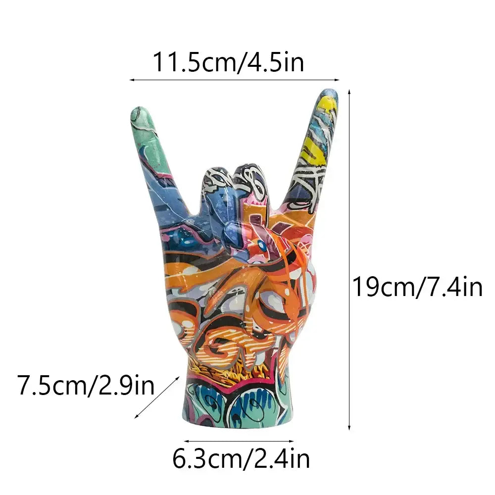 Modern pop art hand statue resin sculpture featuring vibrant graffiti colors and intricate street art patterns