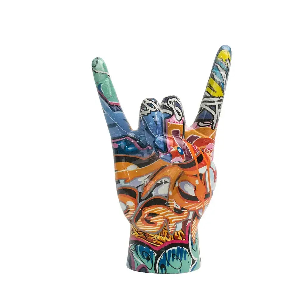 Modern pop art hand statue in resin featuring vibrant orange blue and teal graffiti swirls for living room decor