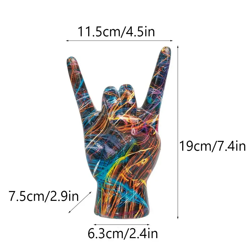 Vibrant multicolored resin modern pop art hand statue in rock gesture pose for living room decor