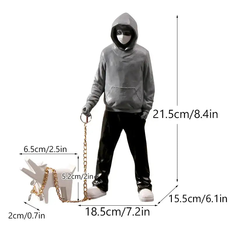 Gray hooded figure holding a gold chain leash attached to a white decorbites dog sculpture for modern living room decor