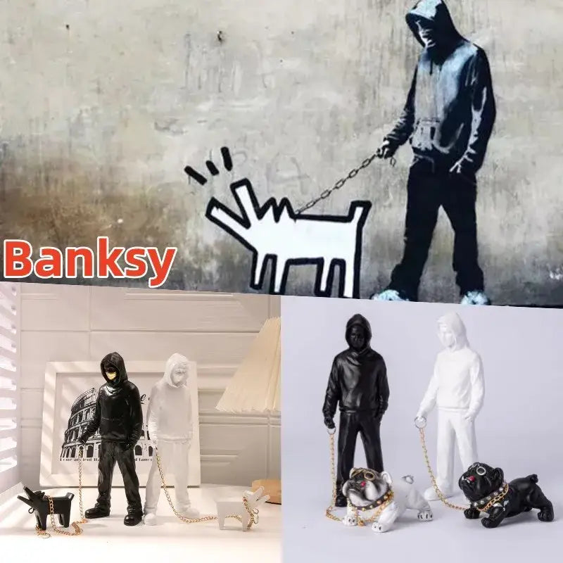 Black and white resin decorbites dog sculpture featuring hooded figures walking dogs on chains for modern living room decor