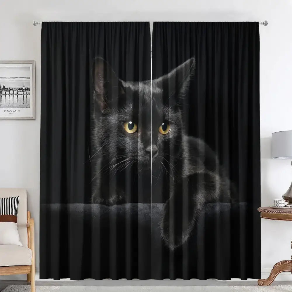 Modern printed black curtains featuring a decorbites black cat with striking yellow eyes for bedroom decorbites black cat color