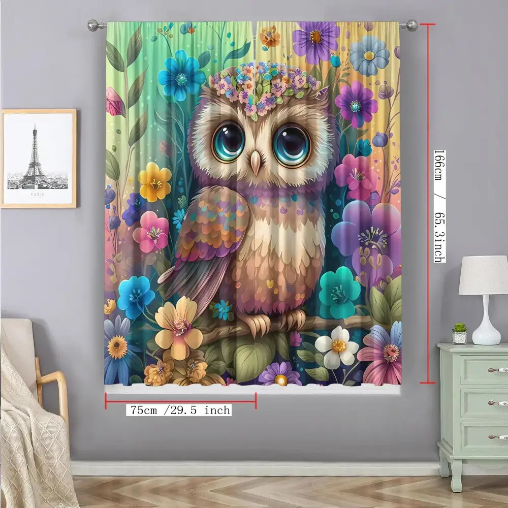 Modern printed colorful owl bedroom curtain set featuring a vibrant owl with blue eyes and floral crown for decorbites black cat color decor