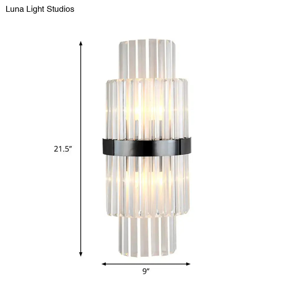Modern prism wall mount lamp featuring stacked clear glass rods with a sleek black color metal band for living rooms