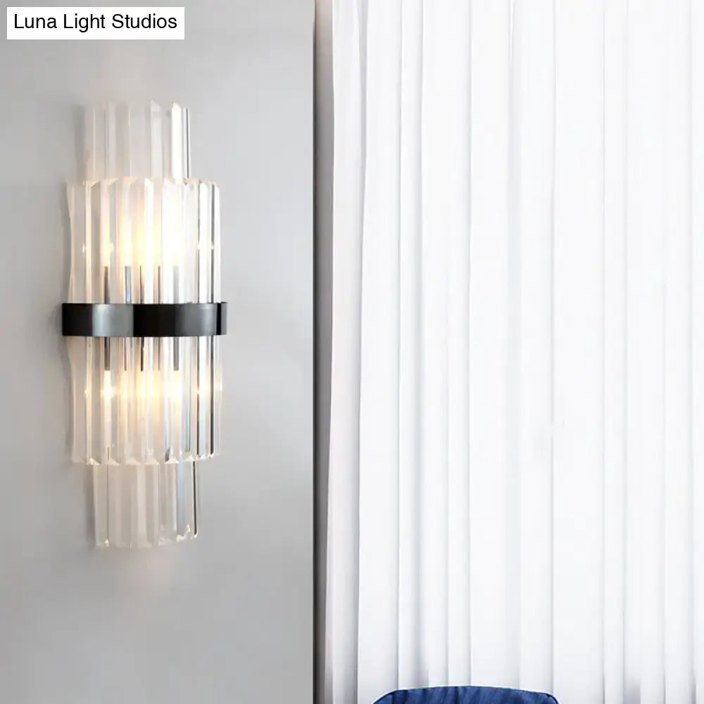 Modern prism black wall mount lamp with vertical clear glass rods and sleek black color wall lamp for living room use