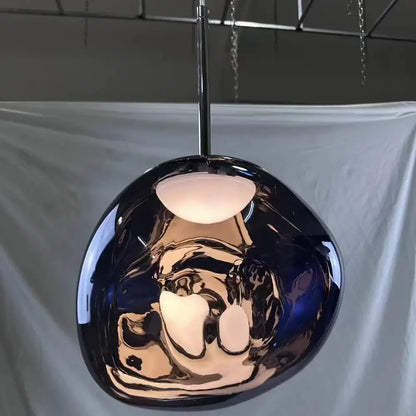 Shiny black pendant light with polished chrome finish and curved design featuring central frosted glass bulb
