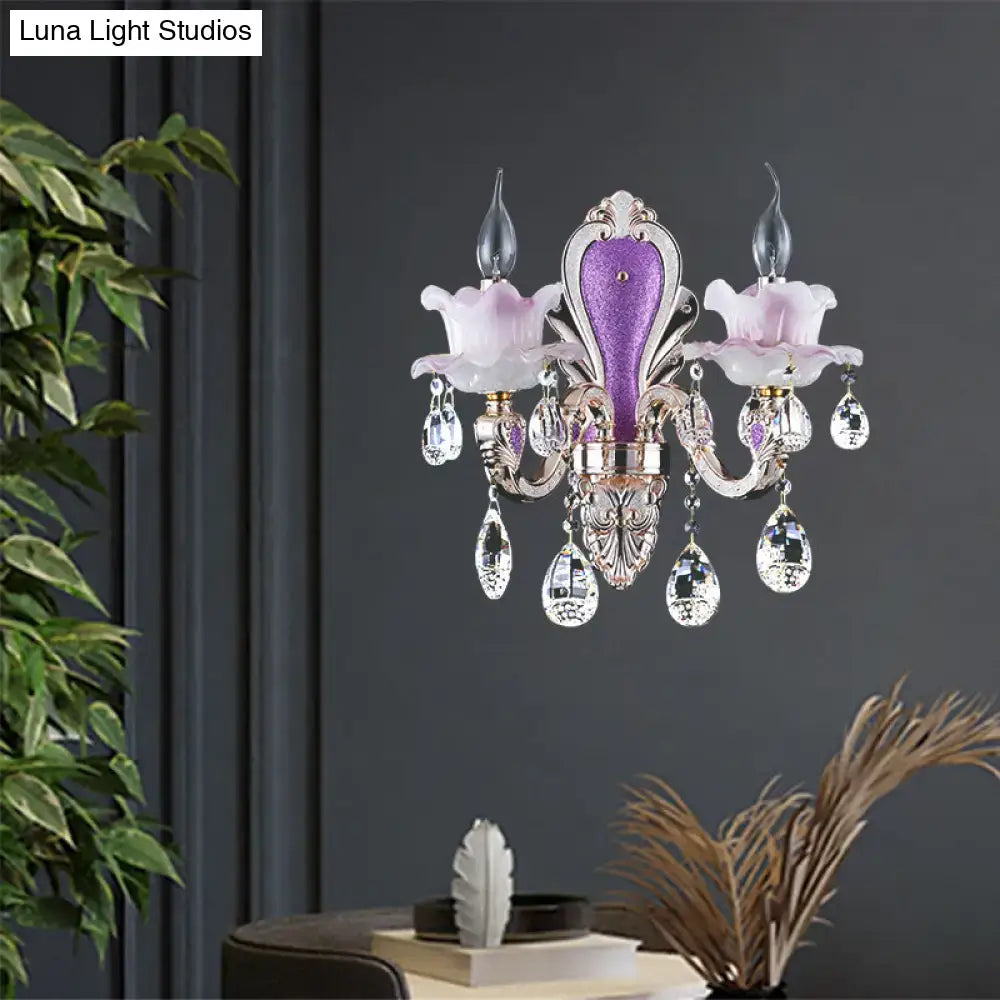 Elegant modern purple and silver crystal wall sconce with floral glass shades for bedroom lighting