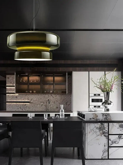 Modern purple and white decorbites italian glass pendant light with layered olive green shade and metallic accents for dining room