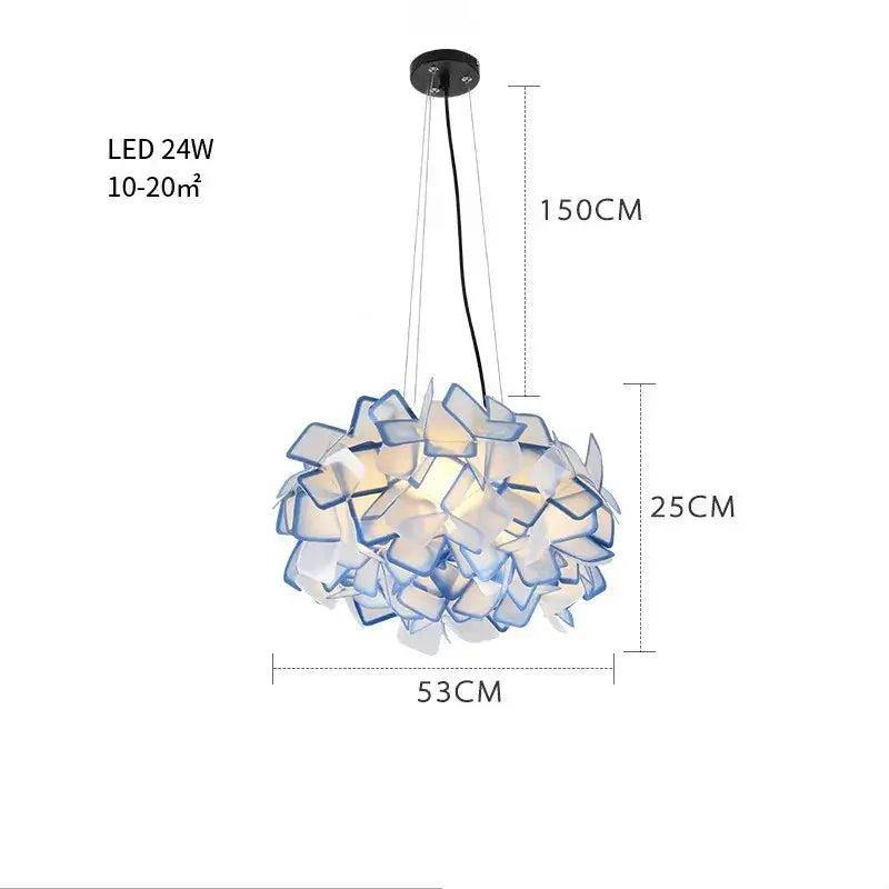 Modern purple and yellow petal led chandelier with blue and white translucent petals from decorbites clizia led collection