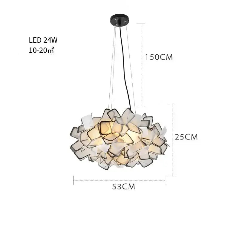 Modern purple and yellow petal clizia led chandelier with frosted glass panels for bedroom decor by decorbites clizia led