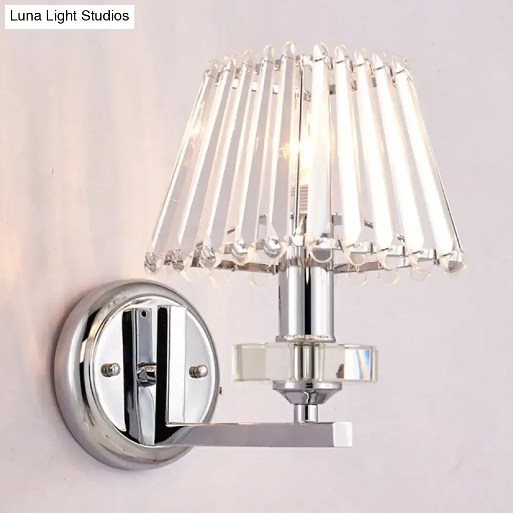 Modern pyramid chrome finish wall light with cascading crystal shade 12 inch fixture for living room use