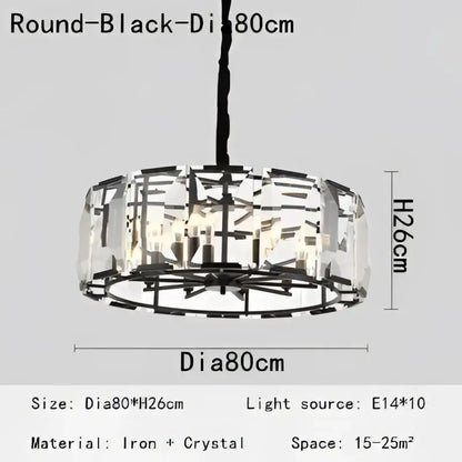 Modern rectangular black crystal chandeliers featuring a round 80cm diameter black iron and crystal design by decorbites crystal