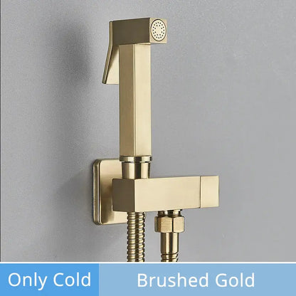Brushed gold brass bidet faucet handheld shower sprayer with square design and flexible hose from decorbites