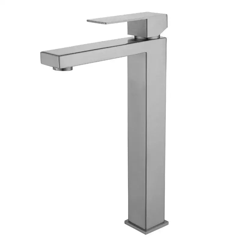 Modern rectangular basin faucet in brushed gold with a tall brushed stainless steel spout and sleek handle decorbites brushed gold