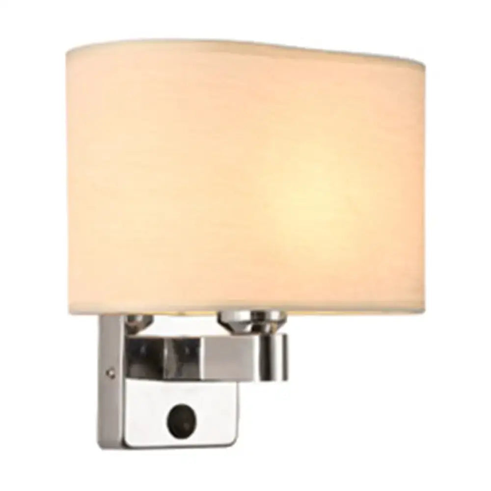 Modern rectangular chrome wall sconce with white beige fabric shade featuring a soft beige fabric for bedroom lighting