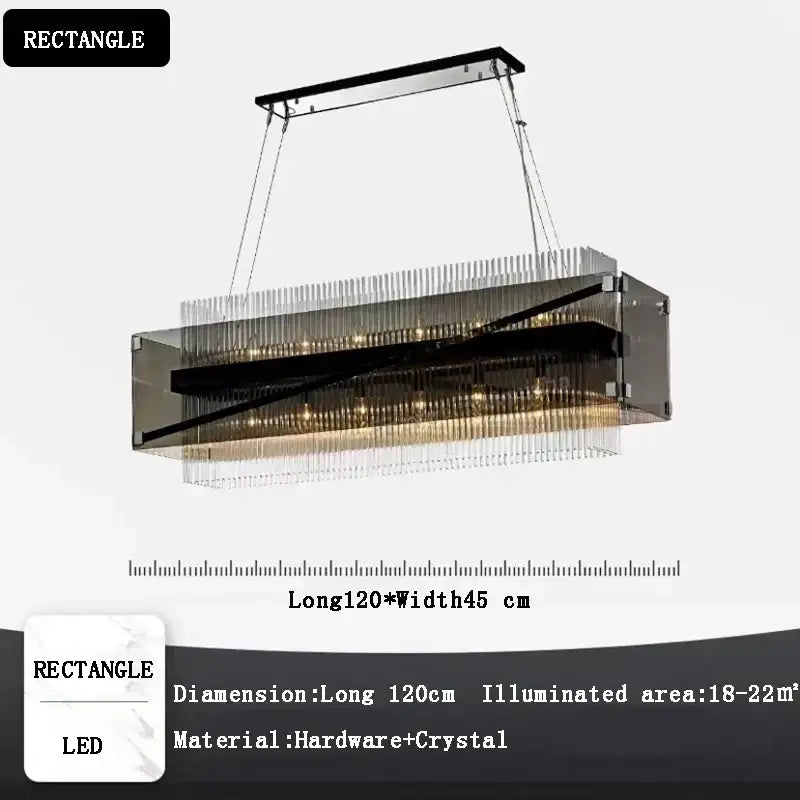 Modern rectangular crystal glass pendant chandelier with sleek black frame and hanging crystal strands for dining room decorbites crystal glass