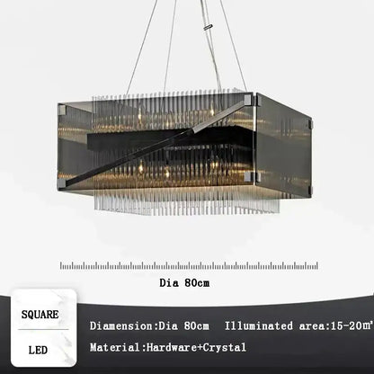 Modern rectangular crystal glass pendant chandelier with sleek black frame and cascading crystals for dining room decorbites crystal glass