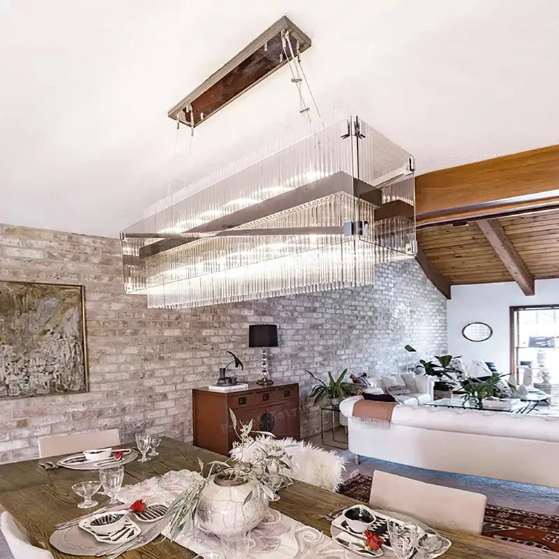 Modern rectangular crystal glass pendant chandelier with layered glass and metallic frames for dining room decorbites crystal glass