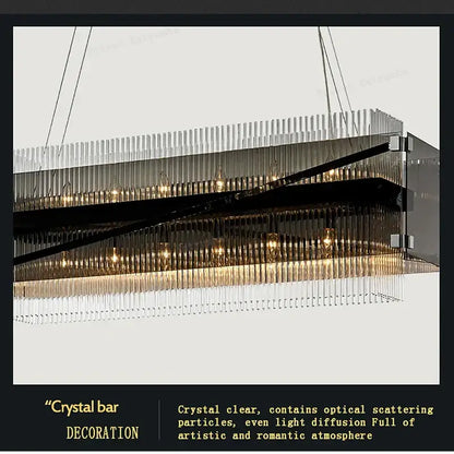 Modern rectangular crystal glass pendant chandelier with clear faceted rods and black accents for dining room decorbites crystal glass