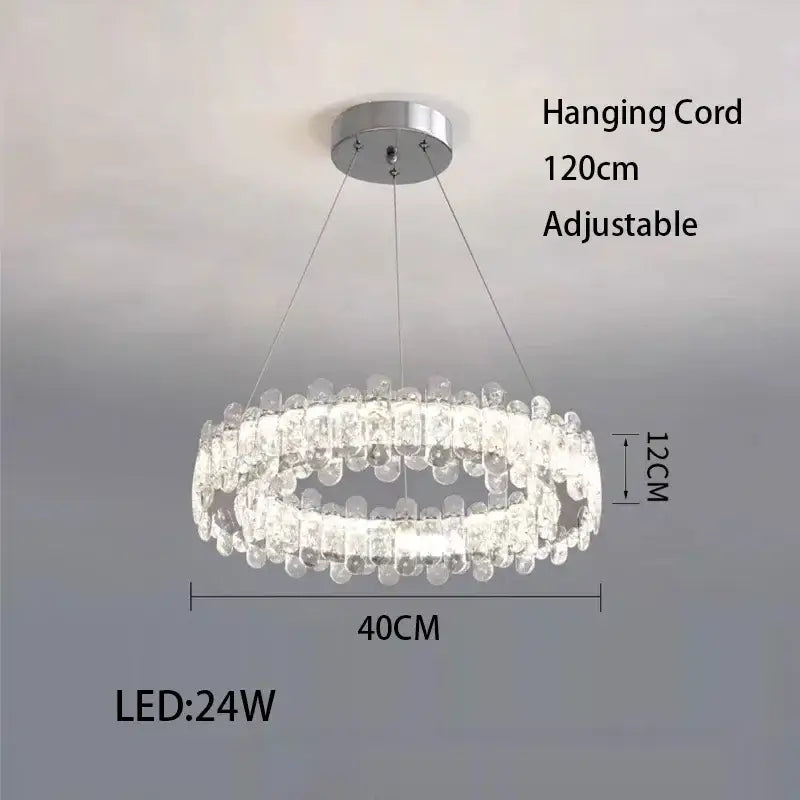 Modern rectangular crystal led ceiling lighting fixture with double-ring chrome mount and clear crystal droplets for dining room decorbites crystal led
