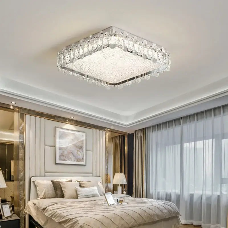 Modern rectangular crystal led ceiling lighting fixture with a sleek silver frame and clear crystals for dining room decorbites crystal led