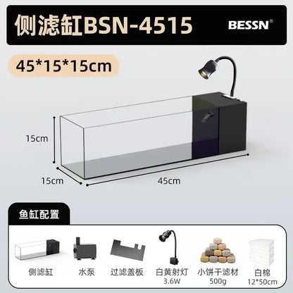 Modern rectangular glass betta fish tank with black bessn bsn-4515 side-filter and 3.6w white-yellow spotlight for decorbites betta fish